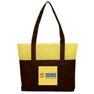 Silkscreen - Non-woven Two-tone Tote Bag With Top Zipper And 25" Self-fabric Handles