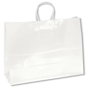 Aubrie Shopper - White Bag - Gloss Paper Shopping Bag With Twisted Kraft Paper Handles And Serrated Cut Top