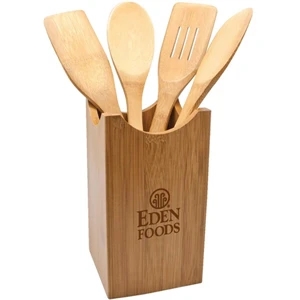Pad Print - Eco-friendly 5 Piece Bamboo Kitchen Utensil Set Stored In Convenient Caddy
