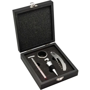 Napa - Corkscrew, Bottle Stopper, Drip Ring And Wine Thermometer Boxed In A Wooden Box