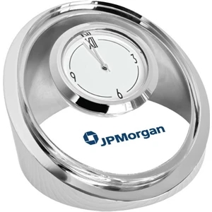 Circa - Elliptical Design Executive Desk Clock. Brushed Silver Casing And Glass Inlay