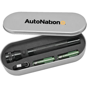 Deluxe Flashlight Set. Aluminum Construction With Tin Case And Hand Strap