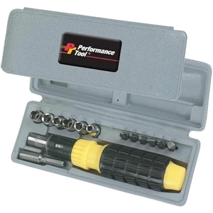 15 Pc Tool Set. Includes Ratchet, 6 Screwdriver Bits, 6 Sockets & Extender/connector