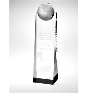 Europa - 9" X 2 3/4" X 2" - Optical Crystal Award With Globe Embedded Atop The Tower