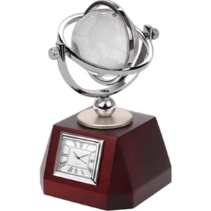 Optical Crystal World Globe Clock On Swivel Gimbals Mounted On Wood Swivel Base