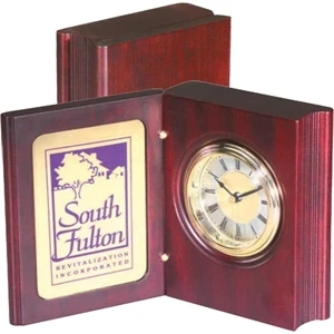 Wood Book Clock Award, Mahogany Satin Finish, Includes Rectangular Brass Plate