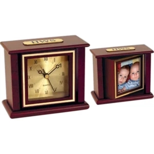 Mahogany Wood Swivel Picture Frame Clock With A Gold Color Spun Metal Dial