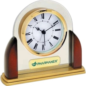 Glass And Wood Desk Alarm Clock With Roman Numerals On 3" Diameter Dial