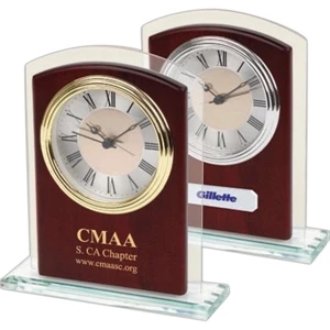 Glass And Wood Desk Alarm Clock In Satin Rosewood Finish With Glass Trim Panel