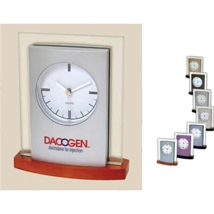 Desk Top Glass And Wood Clock, 3/8" Glass, Silver Metallic Finish Panel, Wood Base