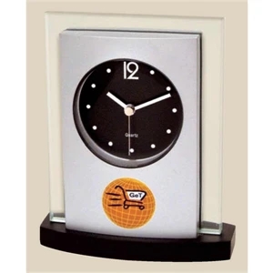 Desk Top Glass And Wood Clock, Silver Metallic Finish Panel On Black Wood Base