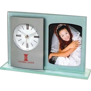 Michelle - Elegant Glass Clock With Silver Metallic Finish Panel Plus Photo Frame