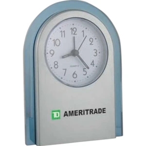 Round Top Alarm Clock With Brushed Silver Color Front, Translucent Blue Tint Trim