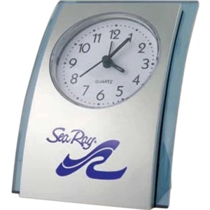 Angled Alarm Clock Features Brushed Silver Front With Translucent Blue Tint Trim