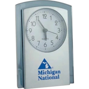 Arch Top Alarm Clock Features Brushed Silver Front With Translucent Blue Tint Trim