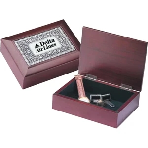 Satin Finish Mahogany Toned Box With Cast Pewter Finished Inlay, Silver Plate Included