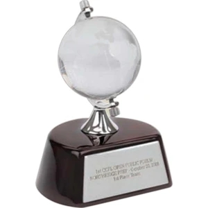 Optical Glass Globe Award Mounted On Top Of A Beautiful Wood Finish Base