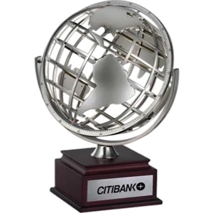 Get Wired - Nickel Metal Wired Globe On Mahogany Wooden Base. Can Be Rotated On X Or Y Axis