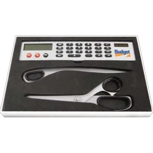 Three Piece Desk Gift Set With Scissors, Letter Opener, And Solar Calculator Ruler