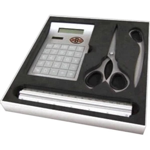 Four Piece Desk Gift Set With Scissors, Letter Opener, Solar Calculator And Ruler