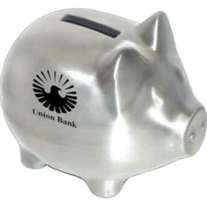 Classic "piggy"satin Pewter Finish Coin Bank. Coin Slot On Top, Bottom Plug