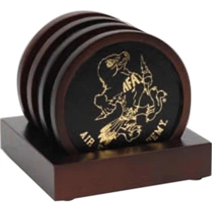 Oxford - 4-pc. Wooden Coaster Set Has A Timeless Look And Stand-up Base & Leatherette Insert