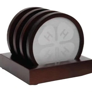 Oxford - 4 Piece Wooden Coaster Set With A Silver Plate Insert And Stand Up Base