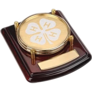 Carlisle - 2 Piece Gold Color Coaster Set On Handsome Wood Base. Includes Brass Plate