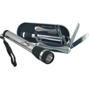 9 In 1 Multi Tool And Torch Set In Tin Gift Box With Matching Black Rubber Accents