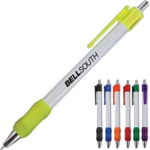 Biv - Slim Body, White Barrel, Retractable Click Pen With Colored Rubber Grip