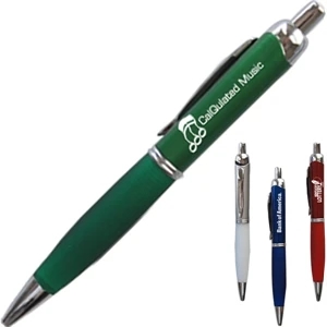Rachel - A Click Pen With Silver Accents. Soft Grip And Metal Clip, Tip And Plunger