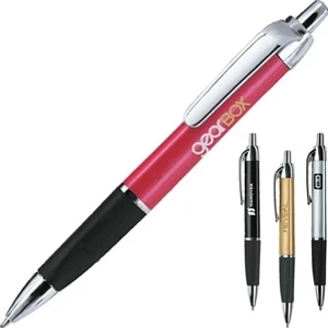 Ballpoint Pen With Colored Metallic Triangular Barrel And Soft Rubber Grip