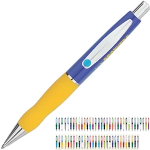 Plunge Action 3-part Ballpoint Pen With Colorful Brass Barrel And Soft Rubber Grip