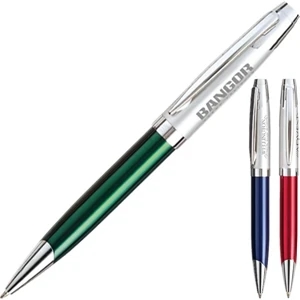 Ballpoint Pen With Colored Metallic Barrel, Satin Silver Cap And Chrome Accents