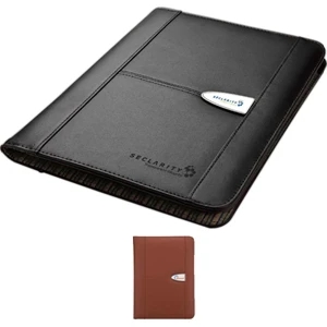 Leather Folio With Interior Striped Woven Lining, Id Window And Elastic Pen Loop
