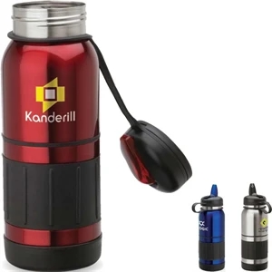Stainless Steel Water Bottle With Safety Strap On Cap, Rubber Grip And Trims