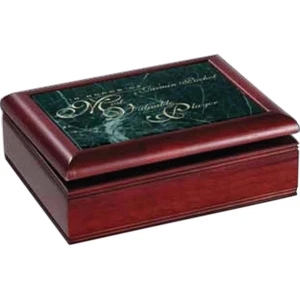 Private Stock - Cherry Finish Wood And Green Marble Box With Hinged Lid, 7 1/2" X 5" X 3"