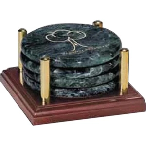 Heritage - Set Of Four Green Marble Coasters With Cherry Finish Base And Brass Accent