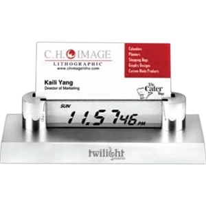 Duality - Polished/matte Silver Plated Zinc Alloy Card Holder/see-through Digital Clock