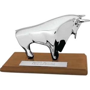 Taurus - Brass Bull Shape Award With Polished Pewter Plate And Teak Finished Hardwood Base