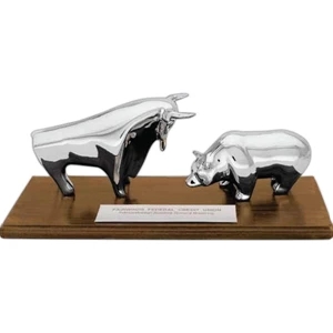 Brass Bull And Bear Shaped Award With Pewter Plate And Teak Finished Hardwood Base
