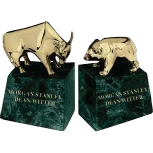 Wall Street I - Bull And Bear Shaped Bookends Made Of Brass/green Marble