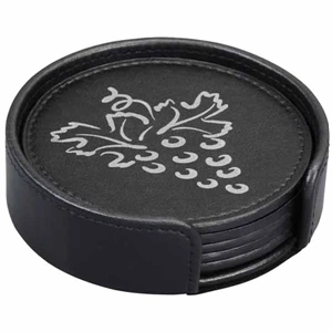 Aspen (tm) - Black Stitching - Single Coaster Made From Calfhyde Simulated Leather. 4 1/4" Diameter