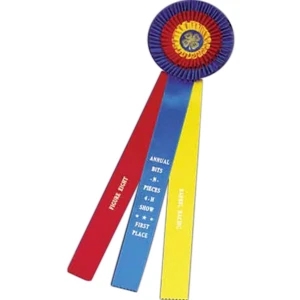 Custom Ribbon With 6" Multicolor Triple Pleated Rosette, 3 Streamers, And Button