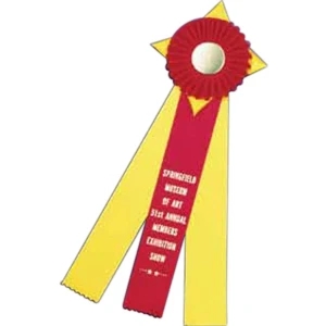 Custom Ribbon With Pleated Rosette On Diamond Shape Back, Button, And Streamers