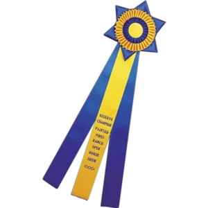 Custom Ribbon Double Pleated Rosette On Star Backing With Button And Streamers