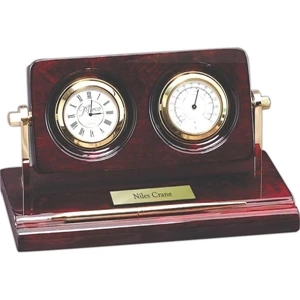 Rosewood Collection - Piano Wood Desk Clock With Thermometer & Pen. New!