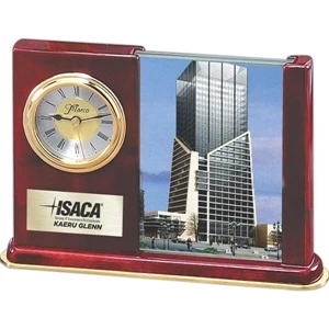 Rosewood Collection - Wood Desk Clock With 3 1/2" X 5"glass Picture Frame.fast Track Service Available. New!