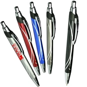 Metal Ballpoint Pen With Swirl Design On Barrel, And Shiny Silver Accents