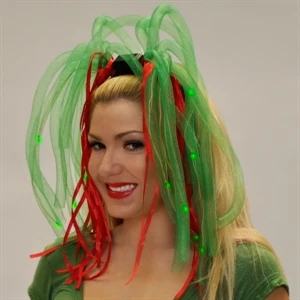 Green And Red Mesh Noodles, Ribbons Lit With Leds Attached To Headband. Blank